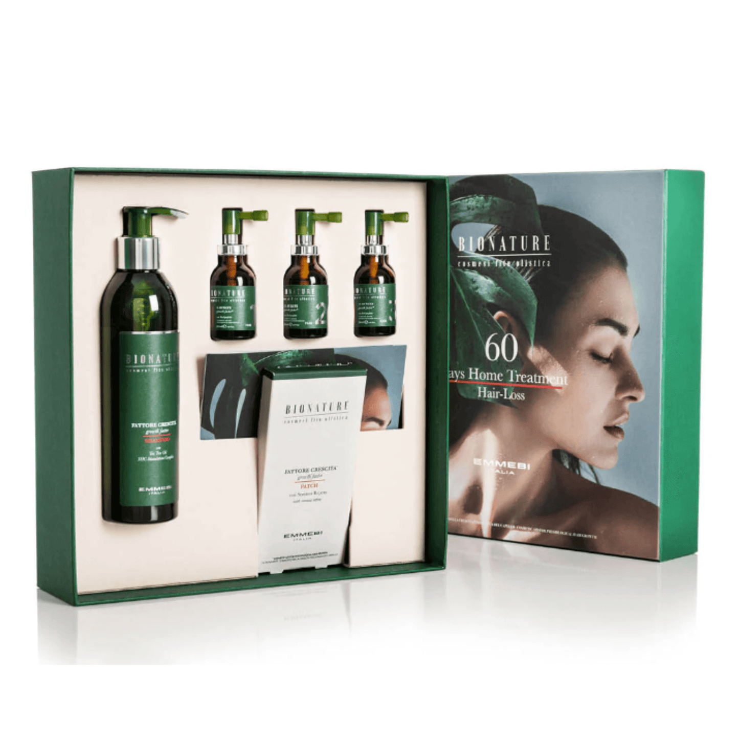 Bionature Intensive home treatment från Emmebi Italia - hemmakur med lotion, patch & schampo. 3HC-teknik som stöttar fint, försvagat hår. Vegan & utan SLES.