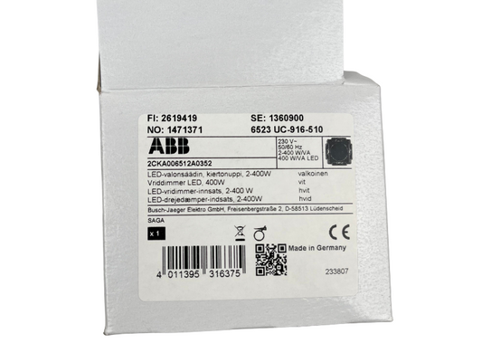 ABB LED-universaldimmer SAGA 2-400 VA i vit kartong med etikett