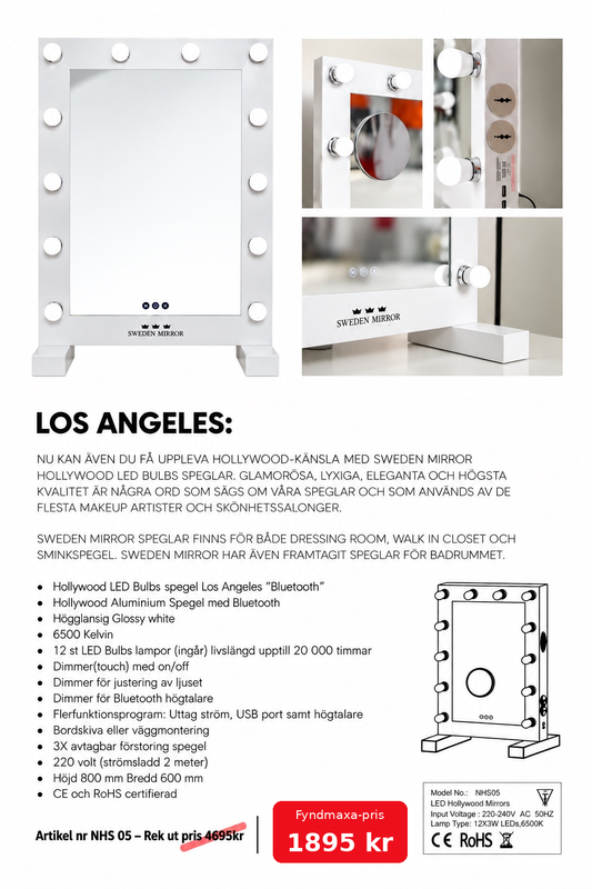 Sminkspegel Bluetooth Hollywood Los Angeles 80x60 cm, närbild med avtagbar förstoringsspegel och LED-lampor