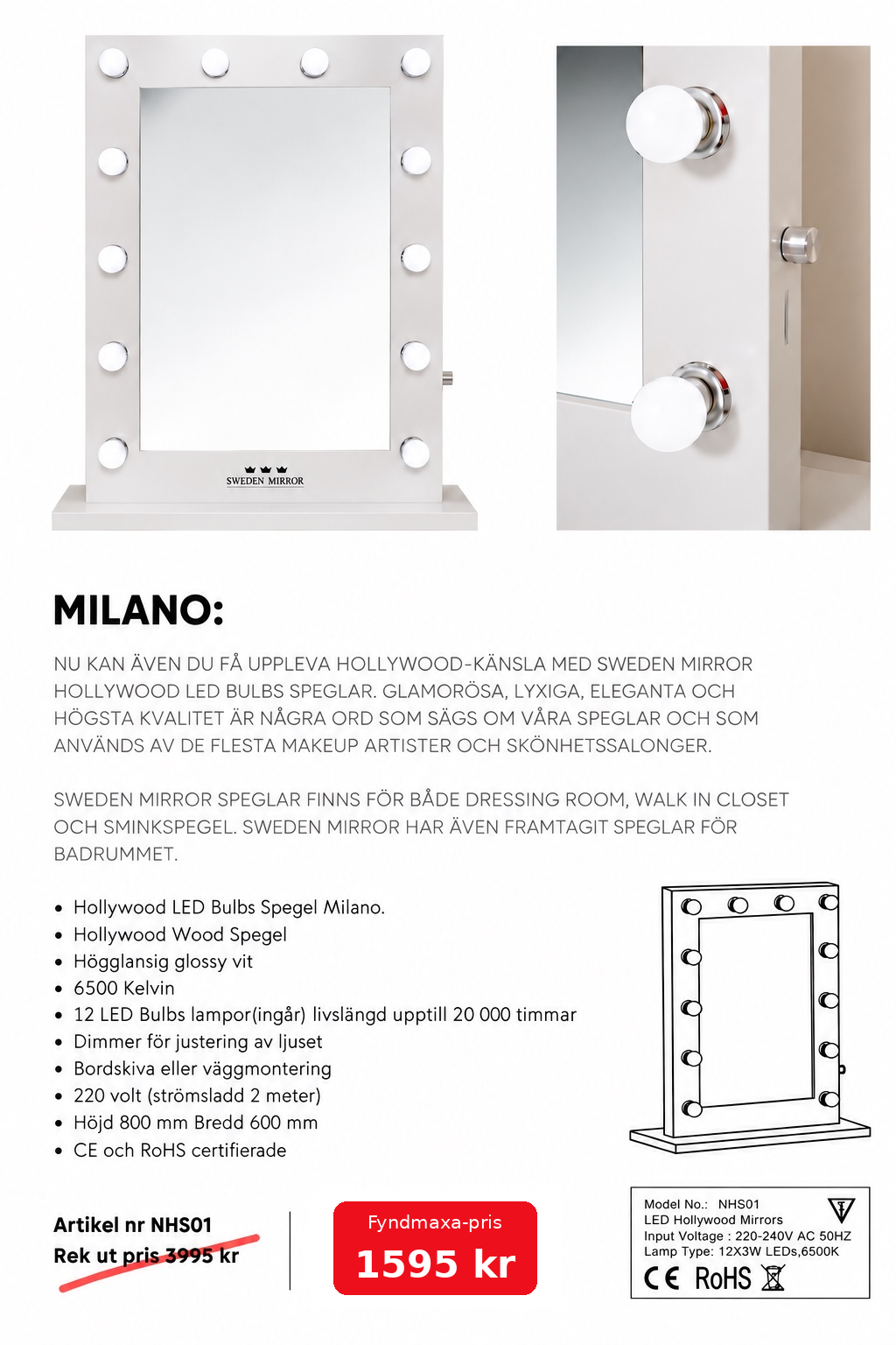 Sminkspegel Hollywood Milano 80x60 cm, närbild på vit ram med LED-lampa och dimmer