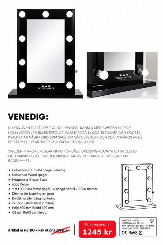 Sminkspegel svart Hollywood Venedig 60x40 cm, närbild på svart högglansram med LED-lampor