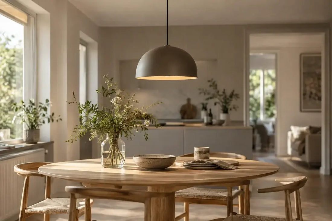 Pendellampa med kupolformad skärm hänger över ett runt matbord i ek med trästolar och en vas med vilda blommor i ett ljust kök