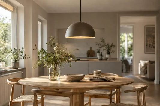 Pendellampa med kupolformad skärm hänger över ett runt matbord i ek med trästolar och en vas med vilda blommor i ett ljust kök
