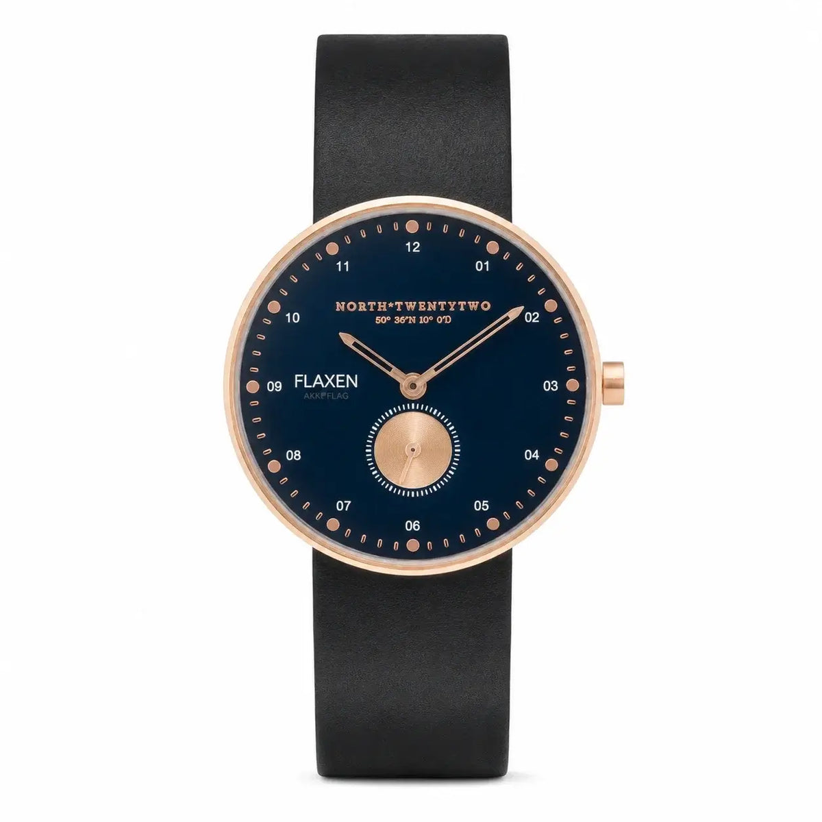 North Twentytwo Flaxen Armbandsur roseguld morkbla tavla svart laderband