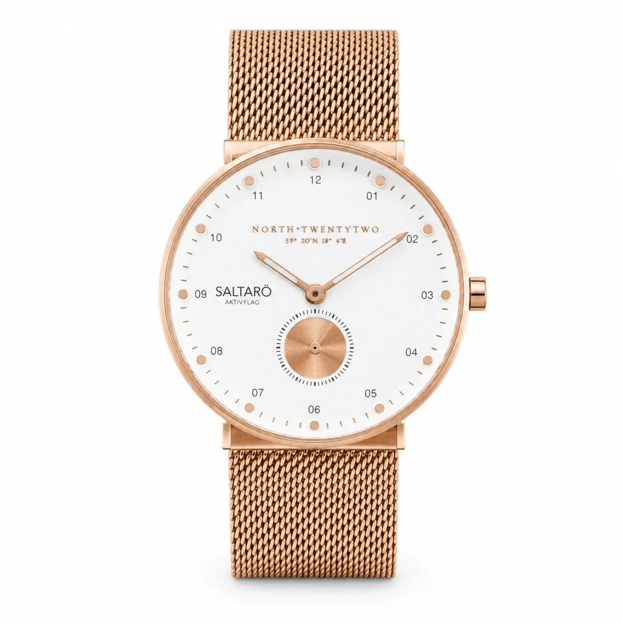 North Twentytwo Saltaro Armbandsur roseguld meshband vit tavla liten sekundvisare