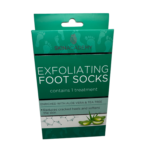 Exfolierande strumpor med Aloe vera och teträd 1 par som återfuktar, mjukar upp och avlägsnar torr hud. Enkel hemmabehandling för mjuka fötter.