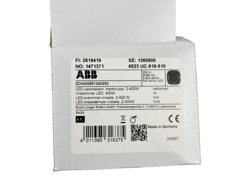 ABB LED-universaldimmer SAGA 2-400 VA i vit kartong med etikett