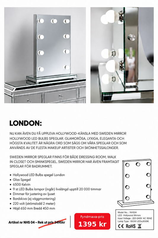 Hollywoodspegel London 65x45 cm, närbild på ram i spegelglas med LED-lampor