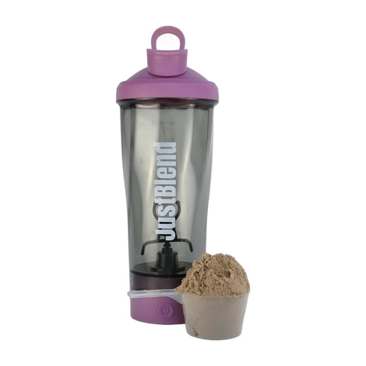 Elektrisk proteinshaker 600 ml i rosa med proteinskopa
