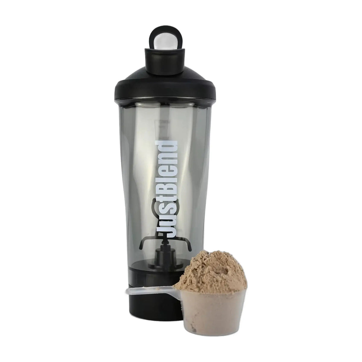 Elektrisk proteinshaker 600 ml i svart med proteinskopa