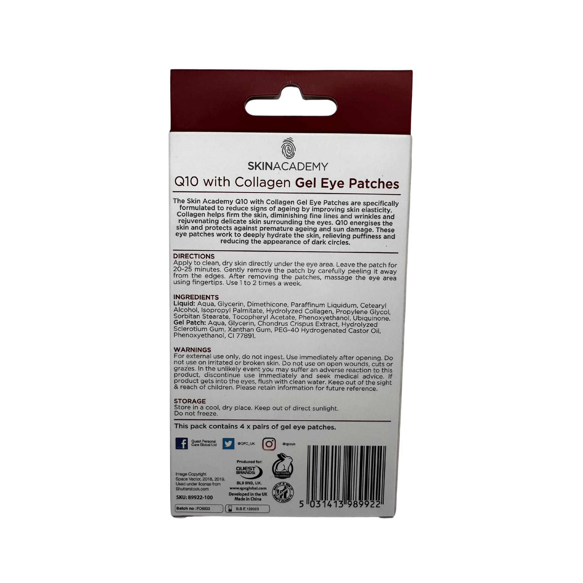 Skin Academy Q10 Gel Eye Patches forpackning baksida ingredienser