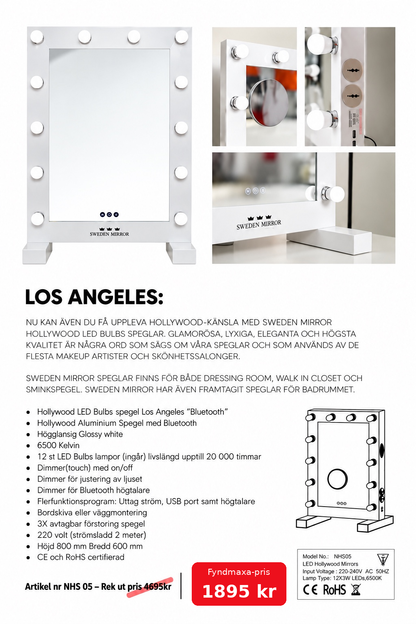Sminkspegel Bluetooth Hollywood Los Angeles 80x60 cm, närbild med avtagbar förstoringsspegel och LED-lampor