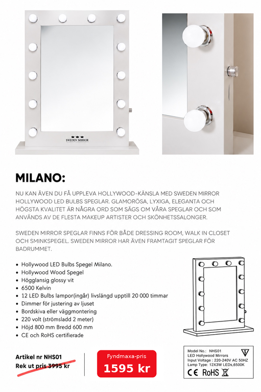 Sminkspegel Hollywood Milano 80x60 cm, närbild på vit ram med LED-lampa och dimmer