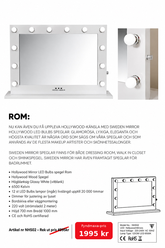 Stor sminkspegel Hollywood Rom 70x100 cm, närbild på vit ram med LED-lampa och dimmer